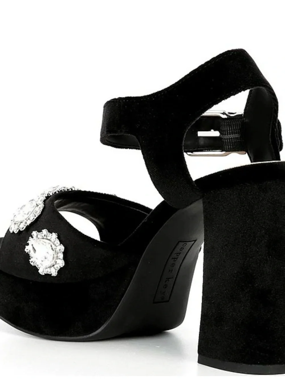 Copper Key Black Platform Sandals with Crystal Accents